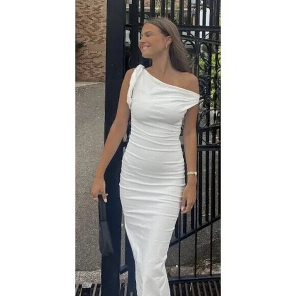 NAKED WARDROBE Ruched One-Shoulder Gown in White Size Medium - Picture 2 of 14